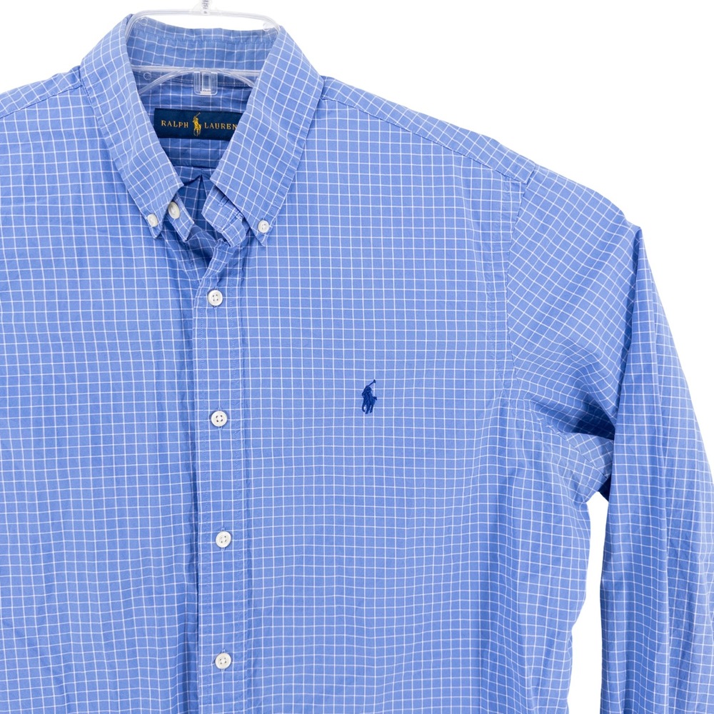 Ralph Lauren Mens L Button Down Shirt Blue Check Long Sleeve Preppy Classic